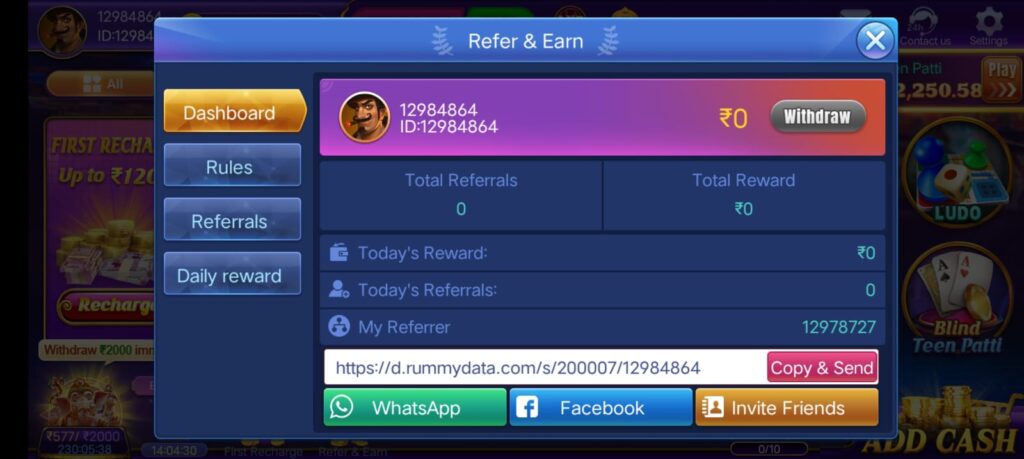 REFER AND EARN IN ROYAL SLOTS APP